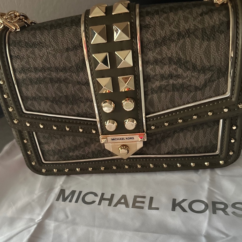 Michael Kors Studded Logo Leather Shoulder Bag